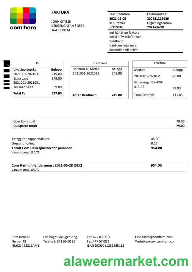 Sweden Com Hem utility bill template in Word and PDF format